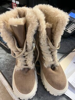 Lace-Up Taupe Shearling-Trim Winter Boots for Women